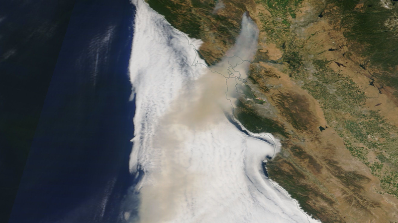 The smoke plume from the County Fire as captured by satellites on July 1.